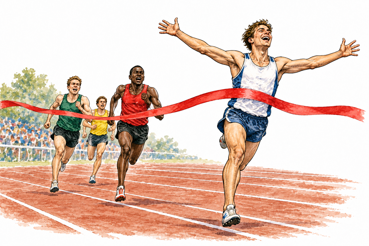 A runner crosses the finish ribbon ahead of other runners clearly behind, first place with no numbers.