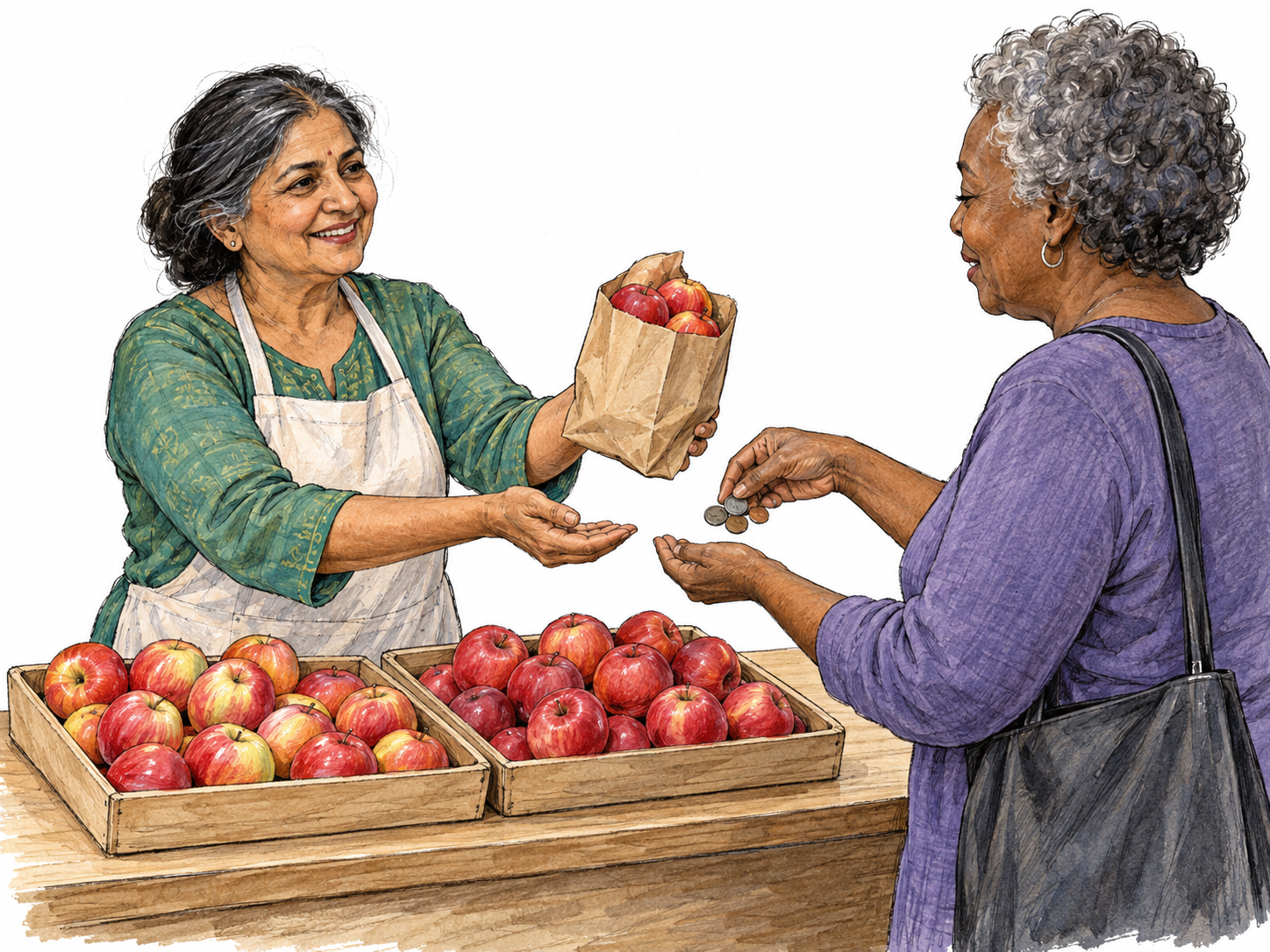 A produce vendor behind a small market counter hands a bag of apples to a customer who offers payment.