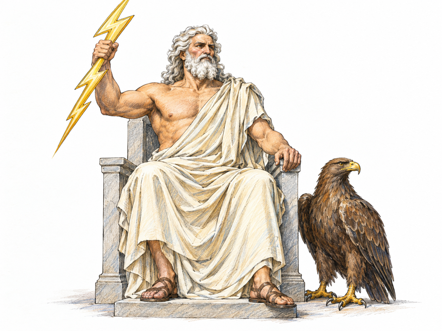 Zeus, the ancient Greek god, seated on a simple throne holding a stylized lightning bolt, with an eagle beside him.