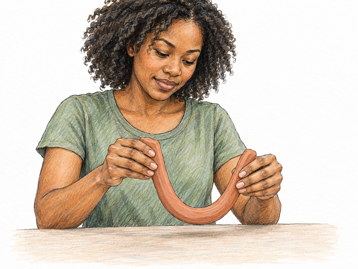 A young adult woman easily bends a soft strip of clay into a smooth U-shape, showing a material that yields readily without cracking.