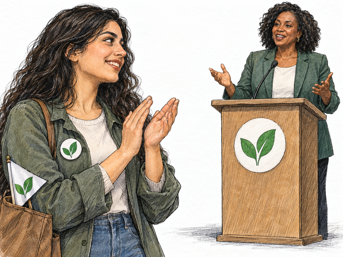 An enthusiastic supporter applauds a campaign speaker, wearing the same distinctive emblem displayed on the speaker’s lectern.