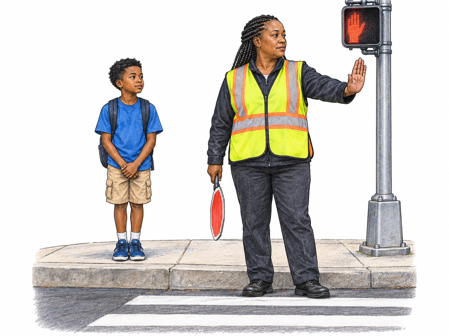 Child waits patiently behind curb with toes back while guard holds out open stop palm; visible red pedestrian signal functional icon, no traffic clutter.