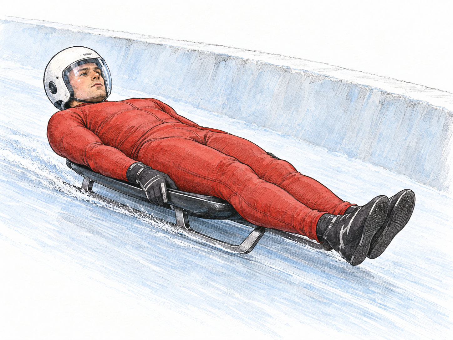 A single athlete reclines face-up on a small, low luge sled, traveling feet-first along an icy track.