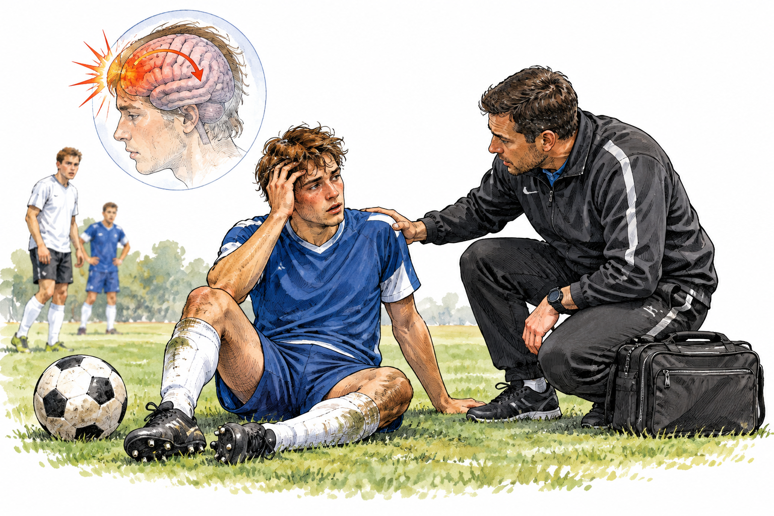 A soccer player sits dazed after a head collision, nearby ball and concerned medic; transparent small head inset shows brain affected by impact, no blood or graphic injury.