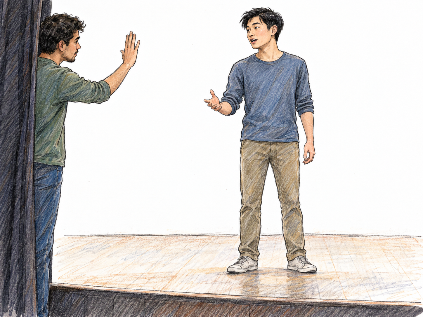 At a modern theater rehearsal, an offstage prompter gives a clear raised-hand cue, and an actor turns toward him and begins his line.