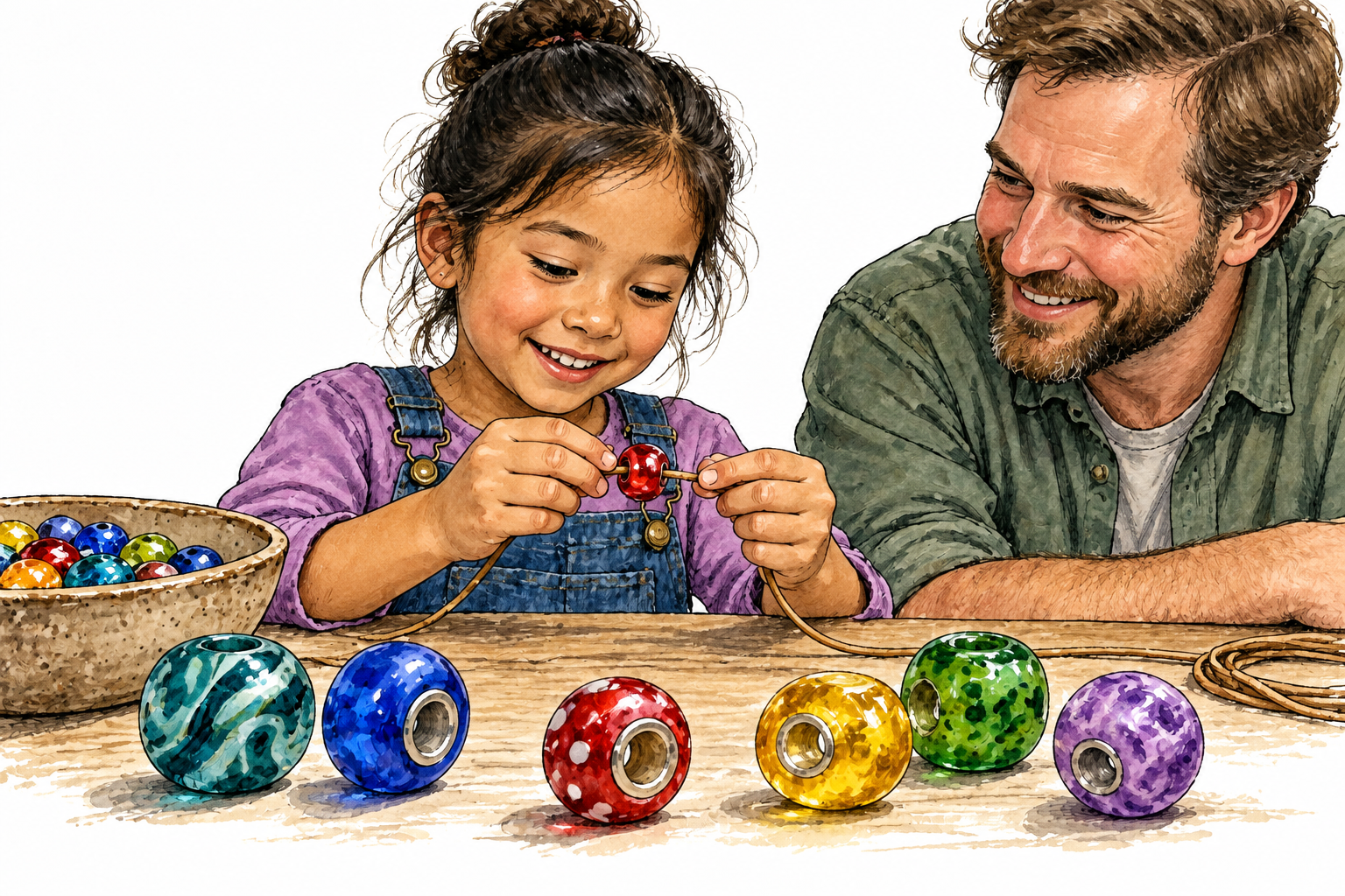 Several colorful glass beads show their threading holes, with one on a string.