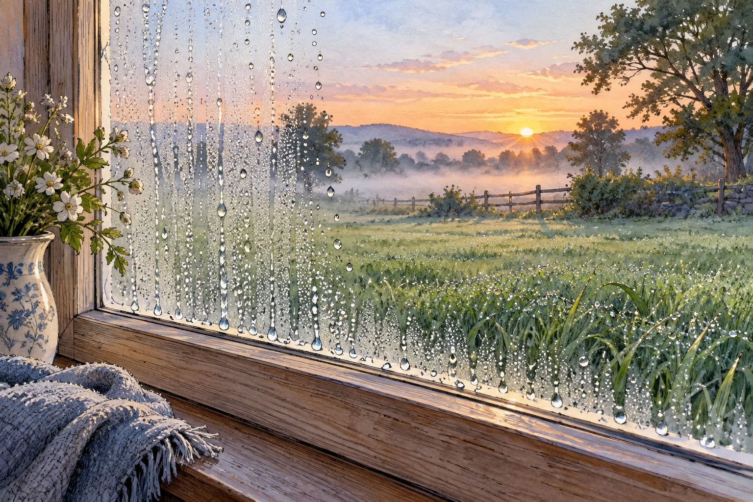Moisture beads across cool window and grass outside at dawn, clear overnight condensation.