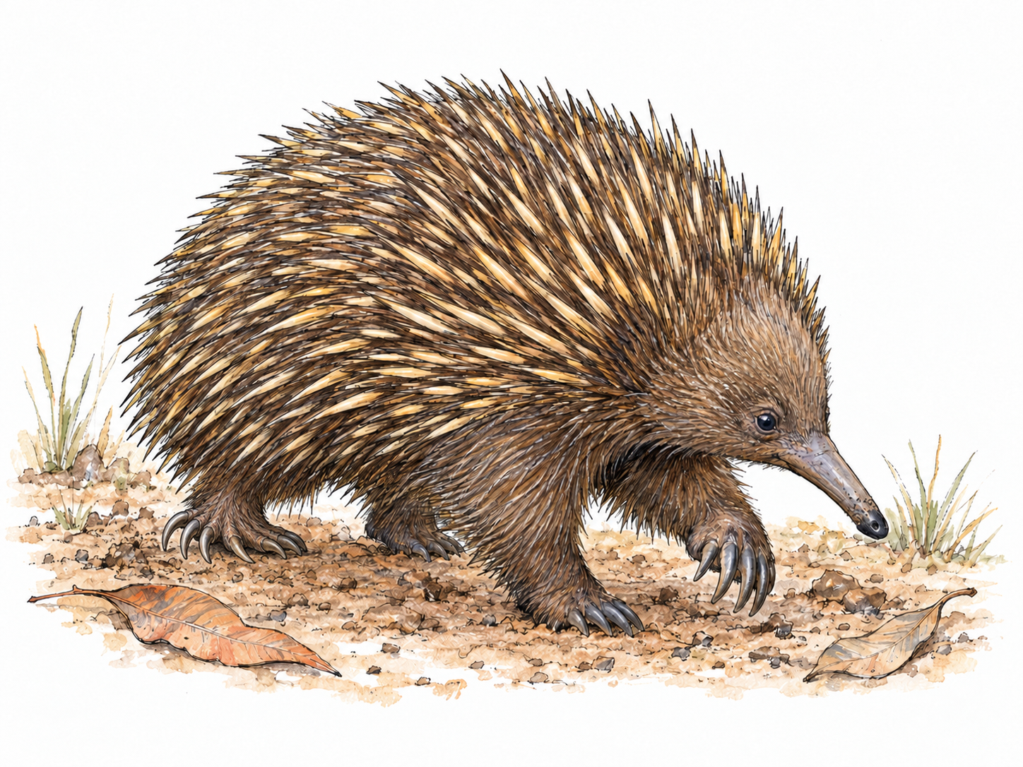 A single short-beaked echidna walking across a small patch of Australian dry woodland ground, with its long narrow snout, dense spines, and sturdy clawed feet clearly visible.