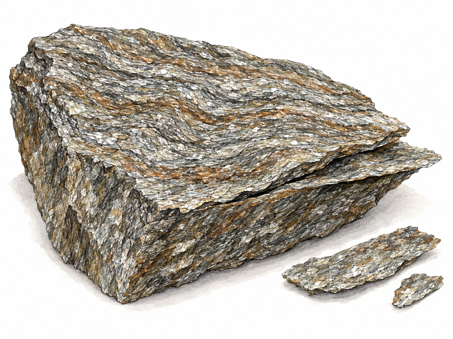 A close view of a mica-rich schist specimen with visibly wavy, aligned mineral layers and a thin flake partially separating along its natural foliation; detached thin flakes beside it reinforce its layered splitting.