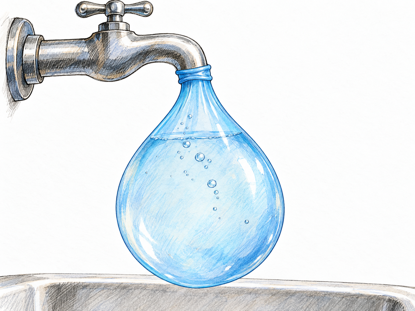A translucent rubber balloon attached to a running faucet swells into a taut, water-heavy pear shape, visibly demonstrating expansion from pressure inside.