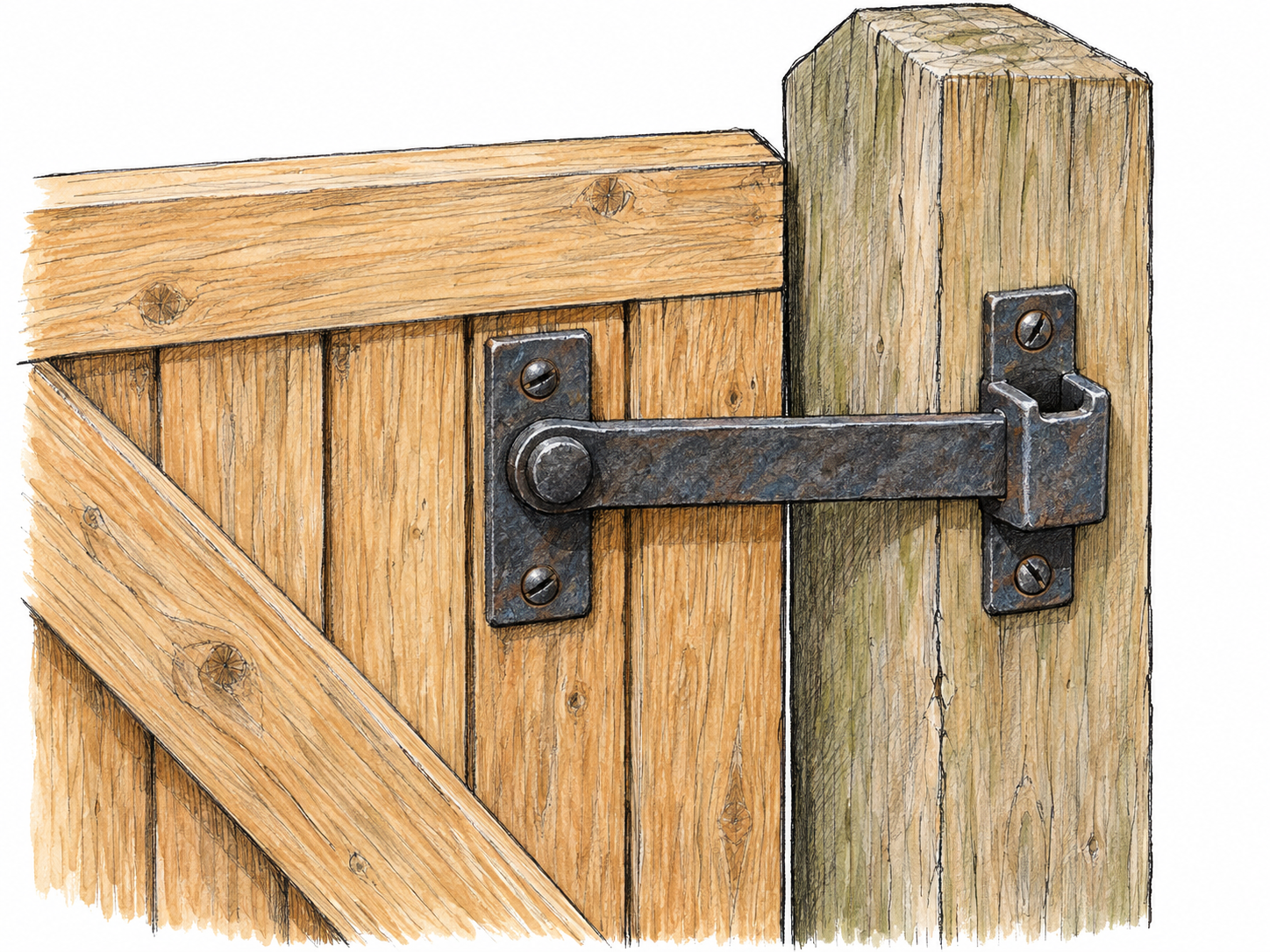 Close-up of a simple metal gate latch engaged in its catch, visibly fastening a closed wooden gate to its post.