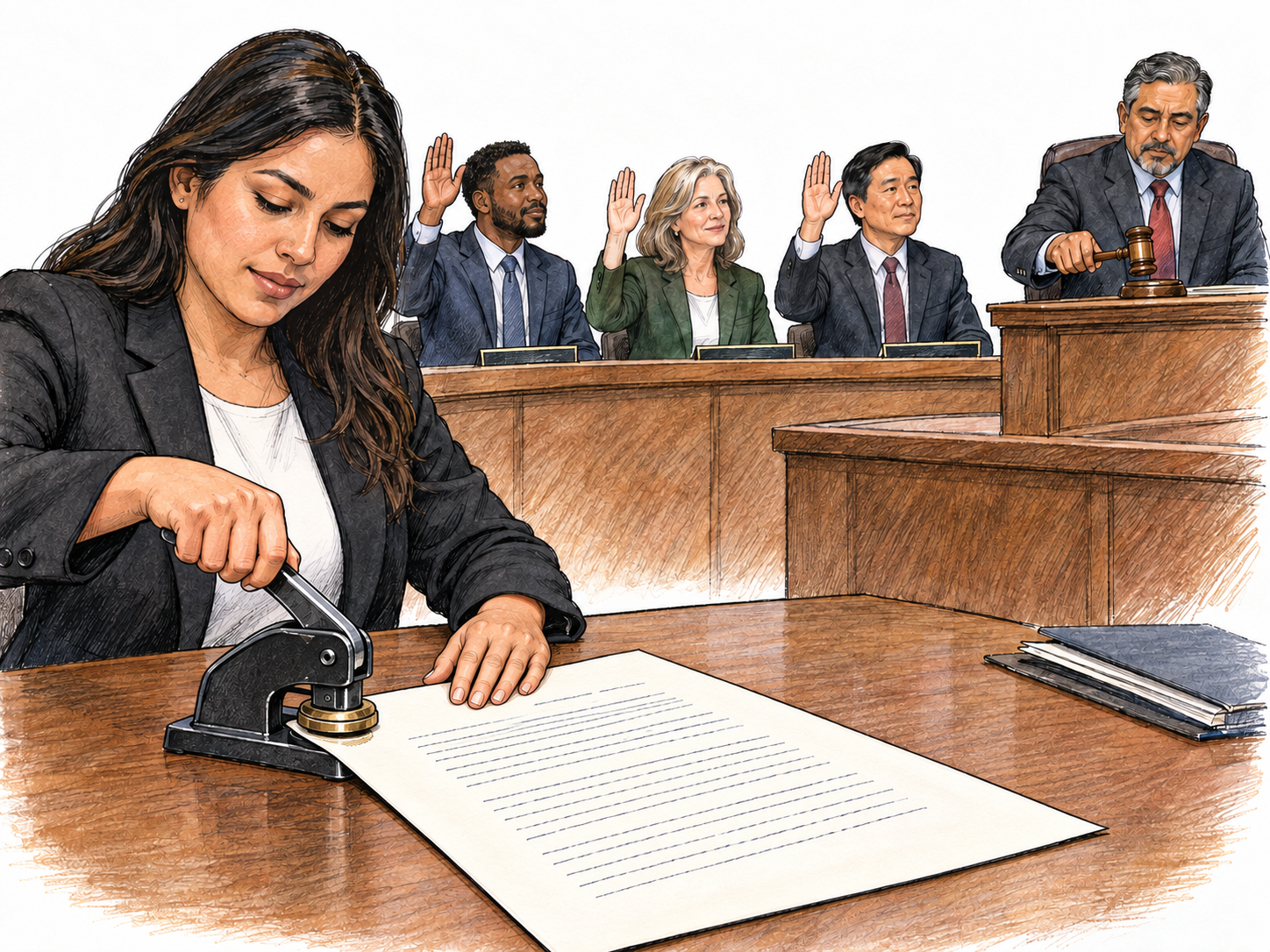 A written legislative enactment: a clerk authenticates the resulting document in the foreground while the presiding officer closes a visibly unanimous vote in a compact legislative chamber.