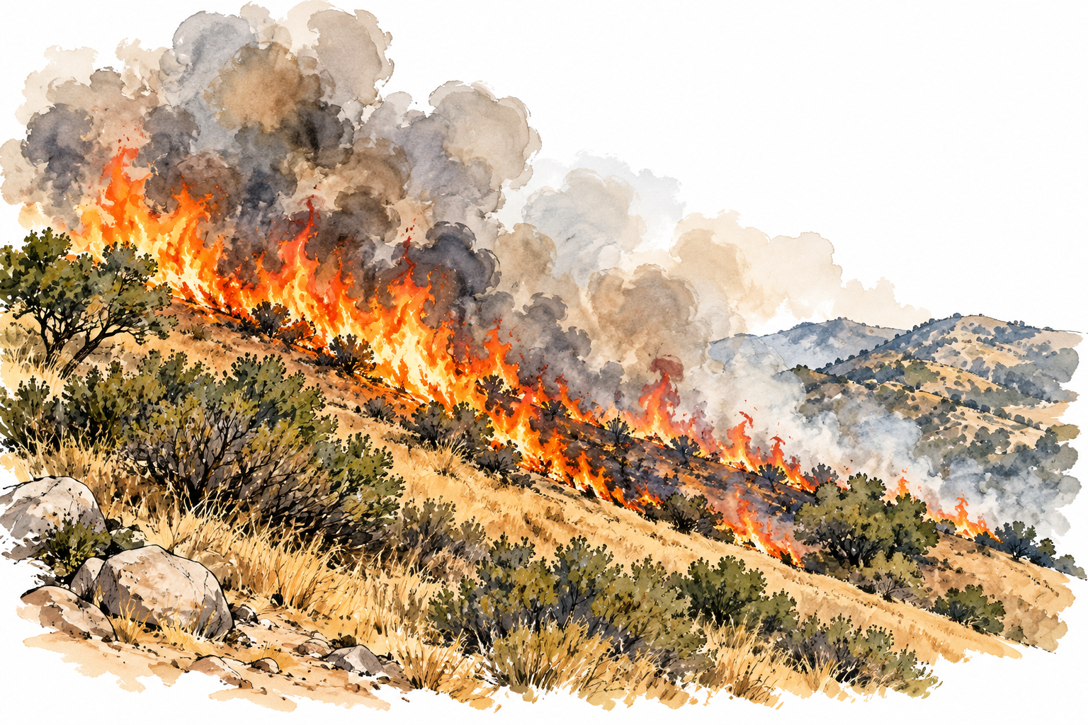Wildfire spreads through dry brush across a hillside, smoke and active fire front visible, no people or harmed animals.
