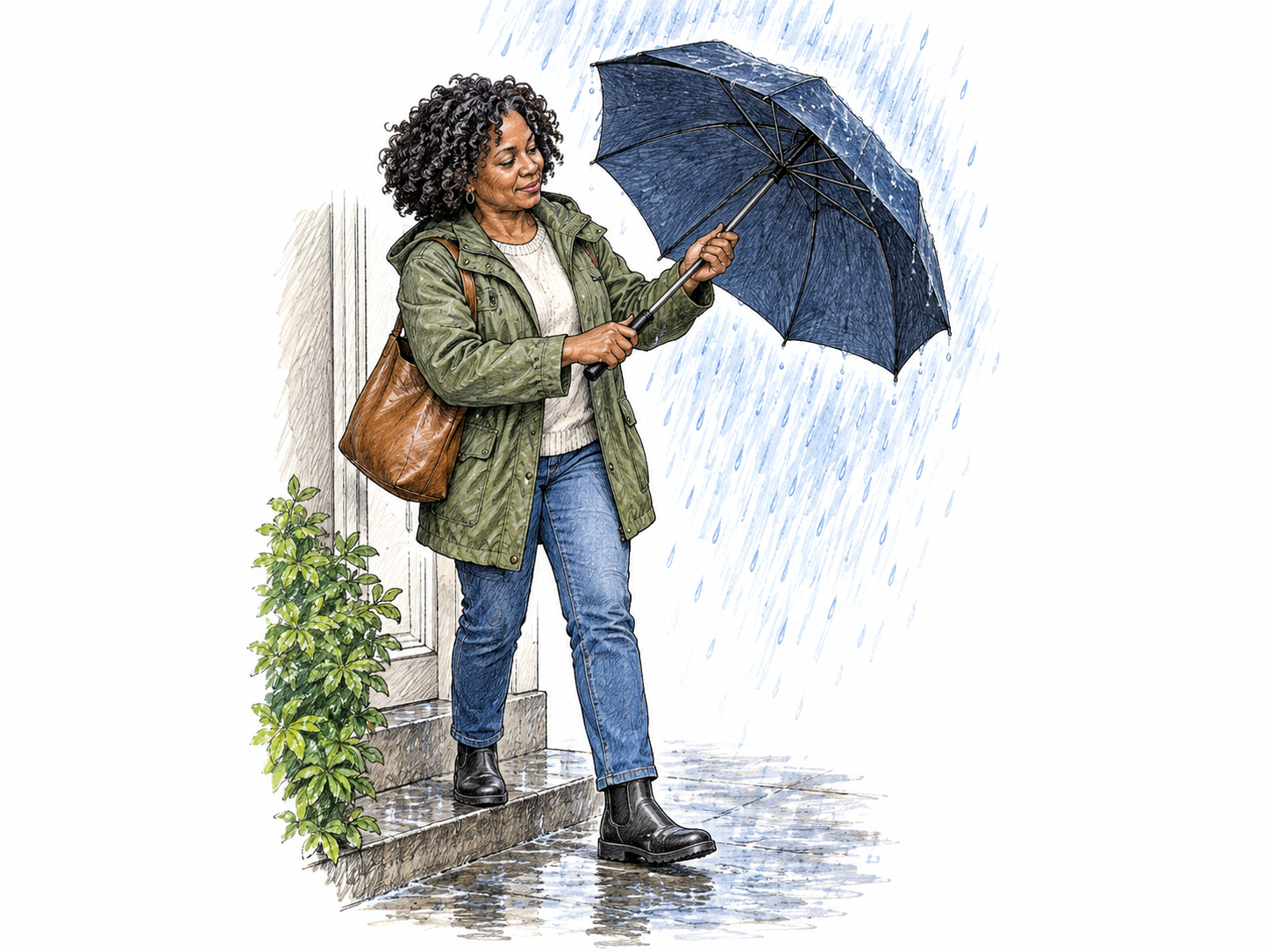 Heavy rain makes an adult open an umbrella before continuing outdoors, showing a condition making something required; small isolated rain patch and white ground.