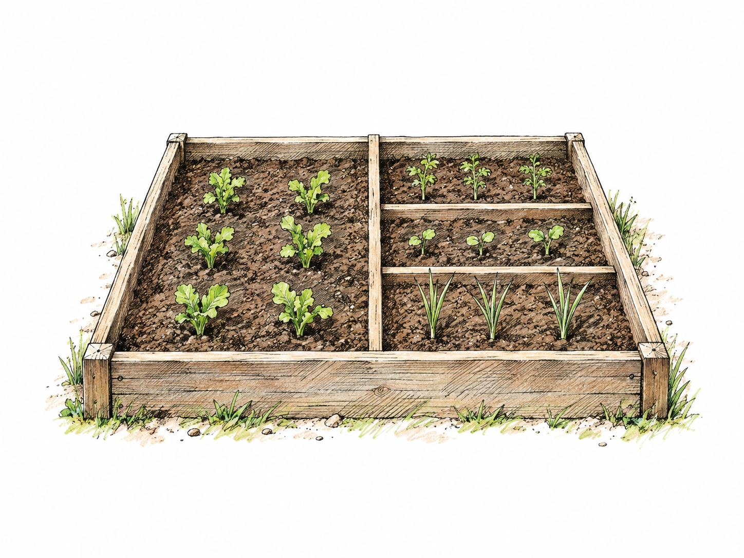 Small rectangular garden bed first divided into two halves by a simple border, one half further split into three smaller plots by two short cross borders; further subdivision clear, sparse seedlings only and no labels.