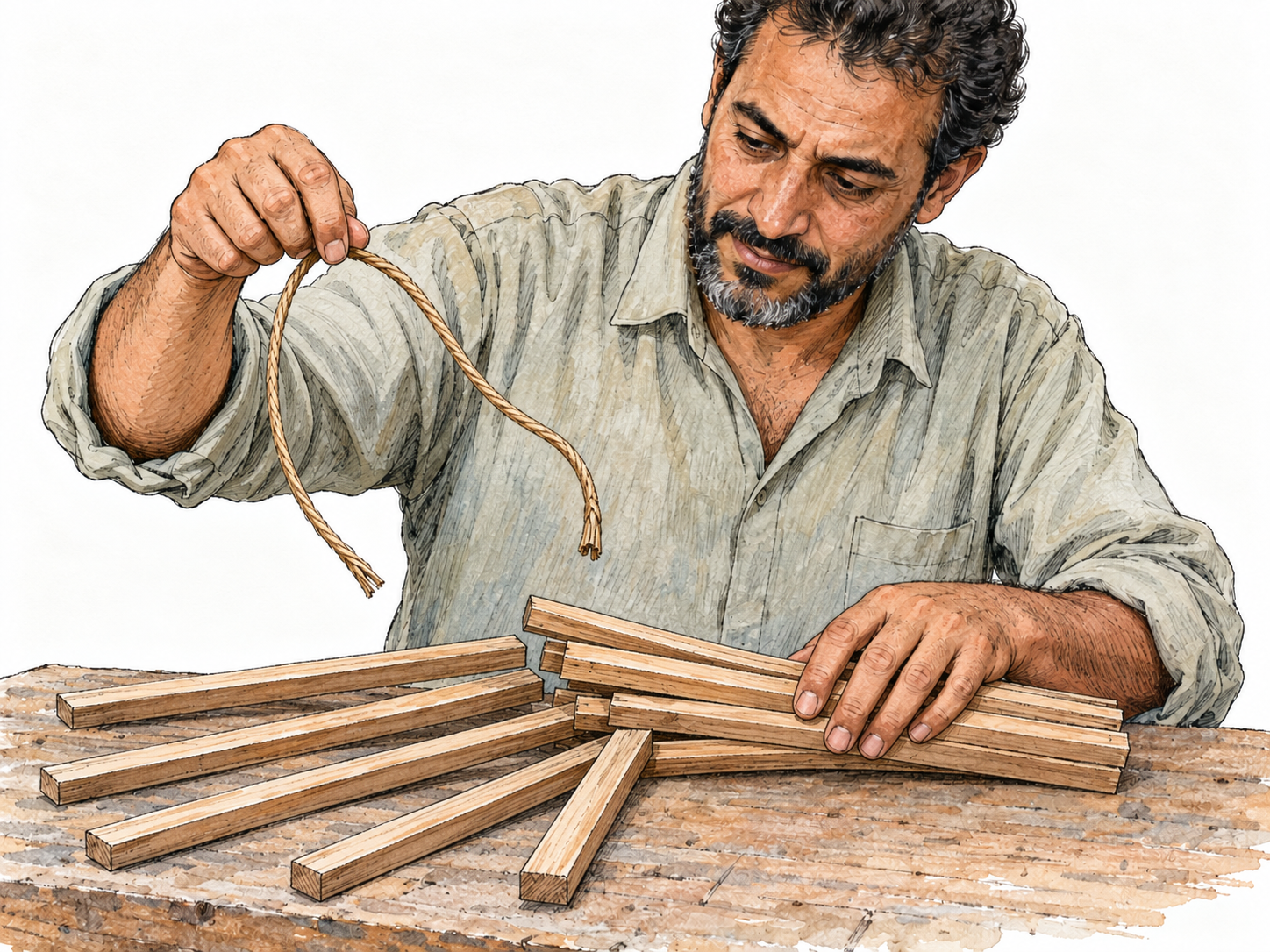 A man removes the loosened cord binding a small bundle of wooden slats; the opened cord hangs from his hand while the released slats spread apart on a workbench.