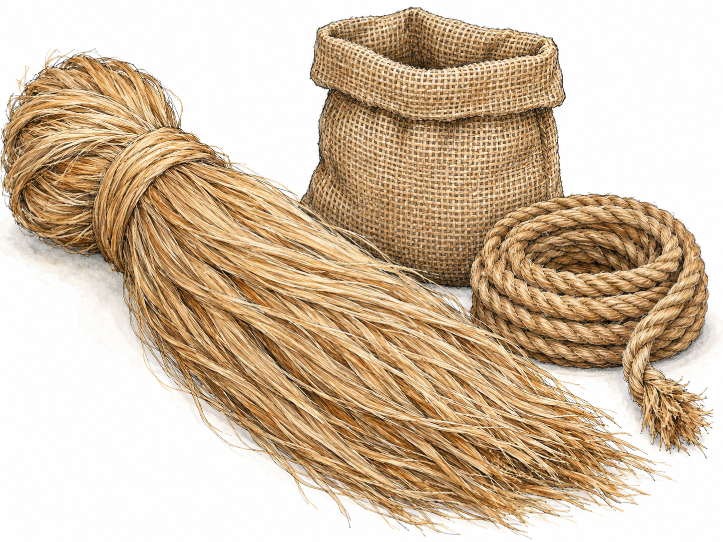 A close, text-free still life of long golden-tan jute fibers beside a coarse burlap sack and a coil of jute rope, emphasizing the raw fiber and its familiar uses.