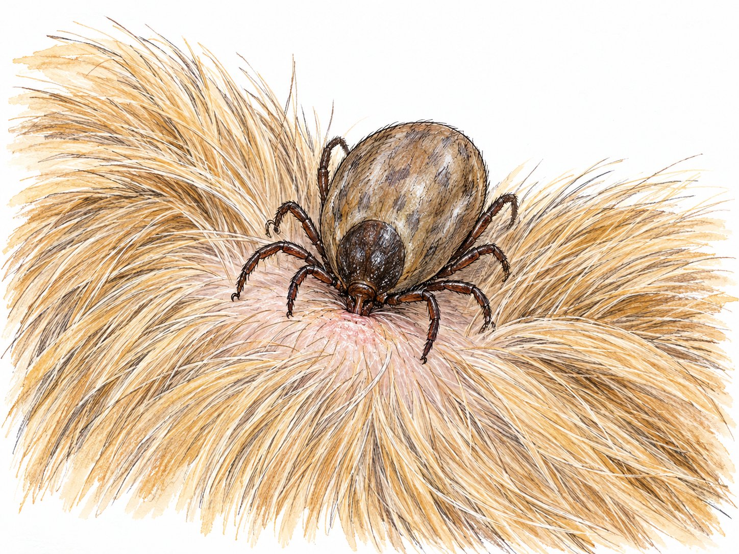 A close-up of a tick attached to a dog's skin, illustrating an organism living on and feeding from a host.
