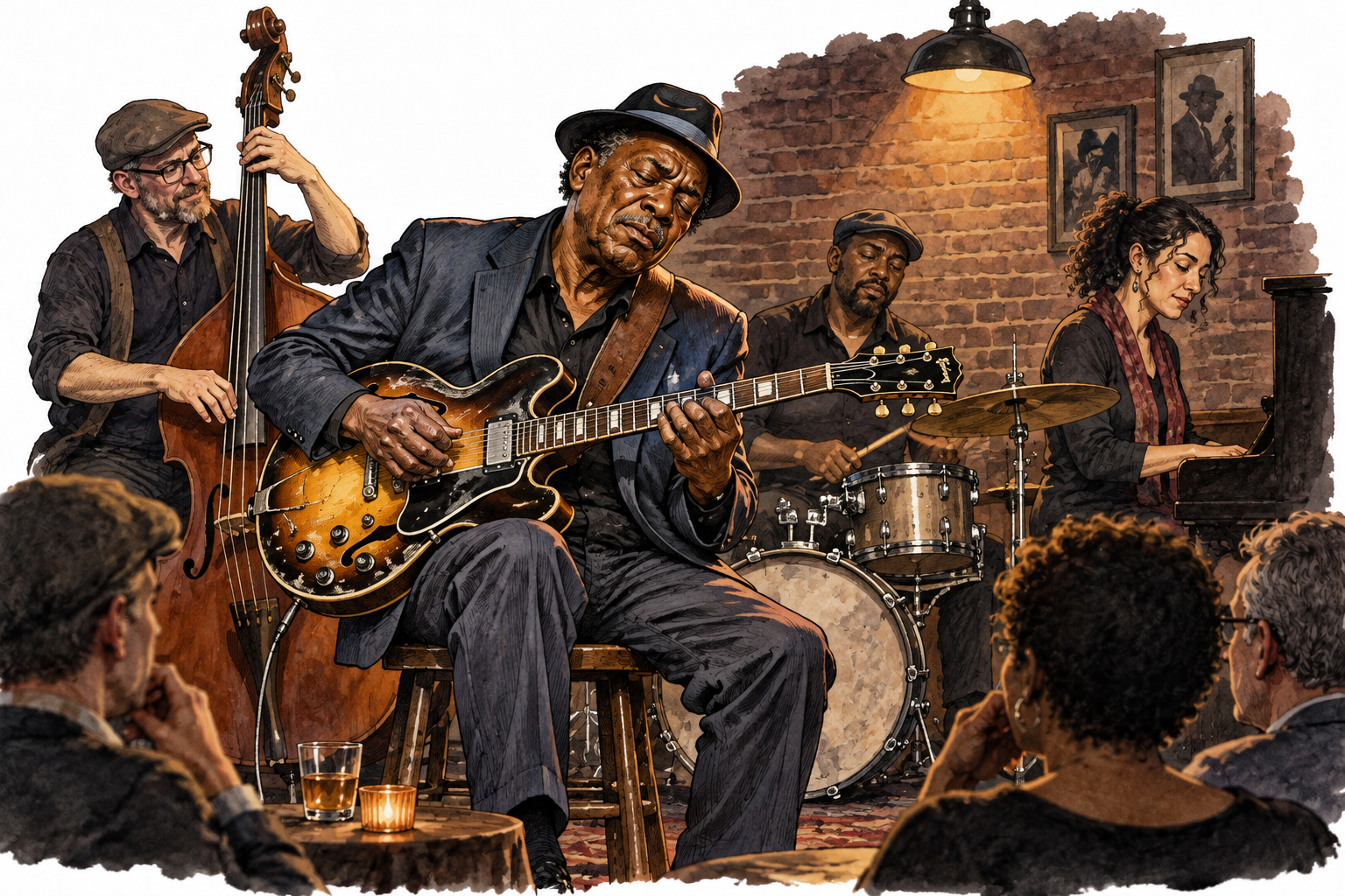A Black blues guitarist and a diverse small band perform with expressive restrained emotion in a modest club.