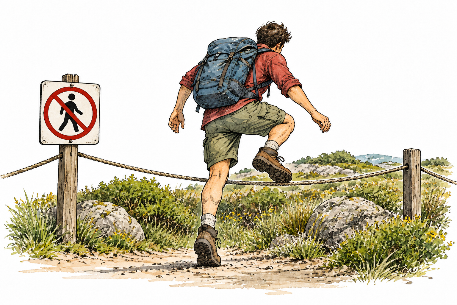 Person steps beyond a clear barrier with crossed-out pedestrian pictogram, visually violates rule, no words.