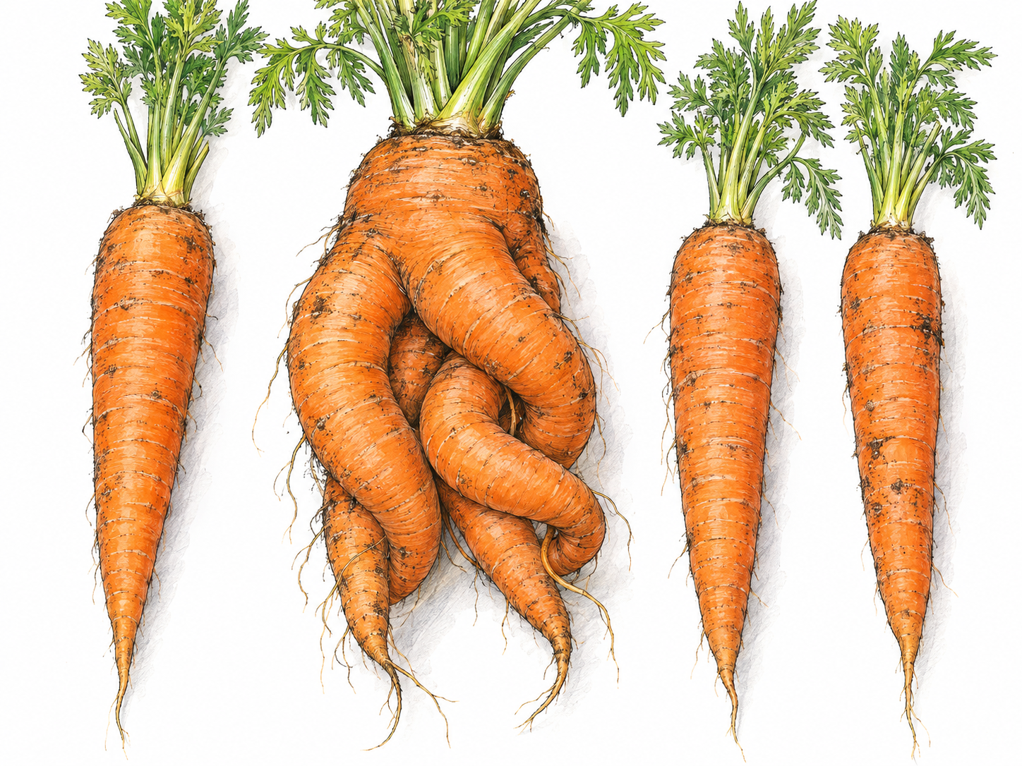 One extraordinarily misshapen carrot stands out among ordinary straight carrots: its thick body divides into several twisting, intertwined roots, making it visibly a very unusual specimen.
