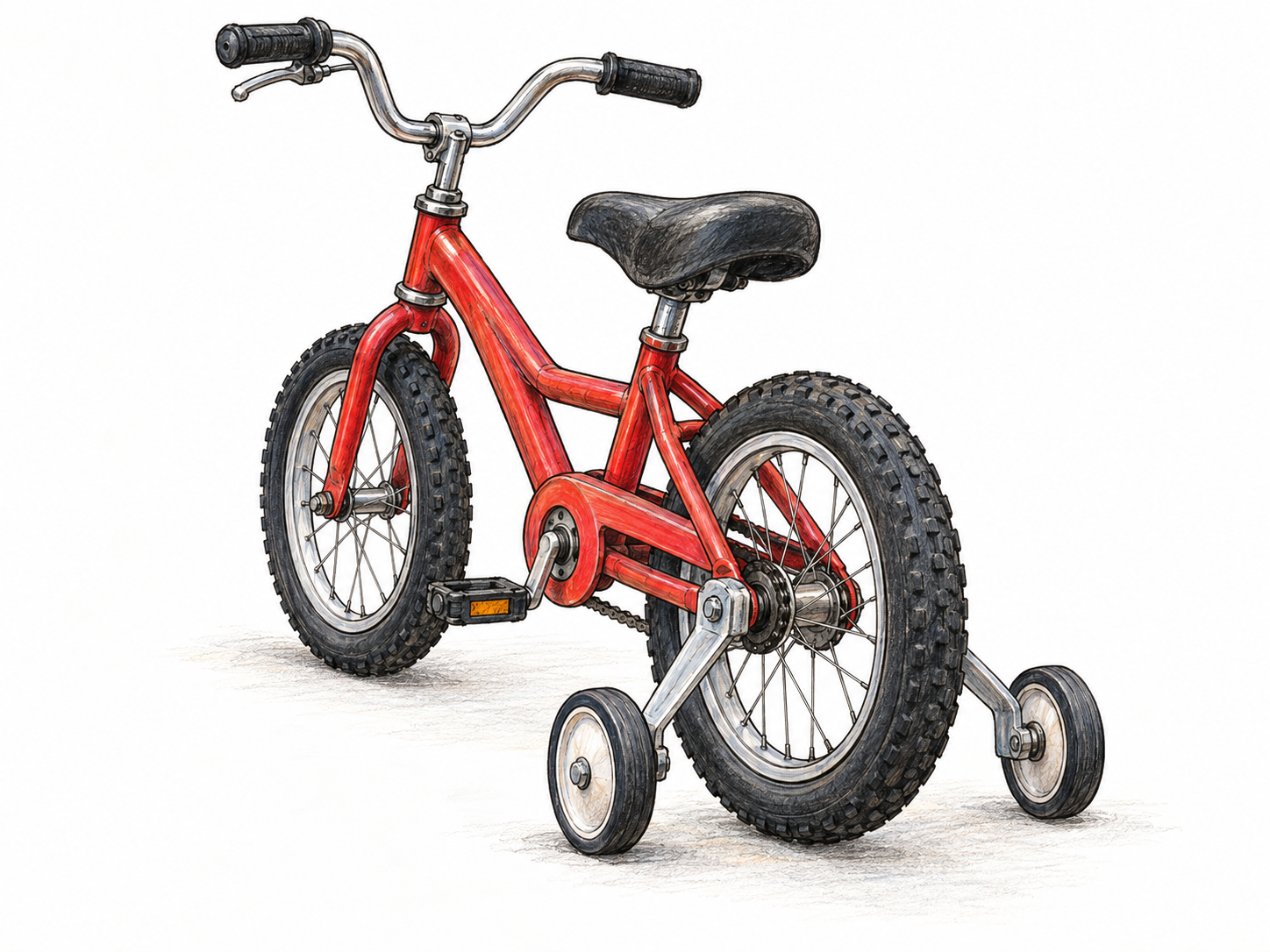 A child's bicycle with two small auxiliary training wheels supplementing its two large main wheels; the added wheels visibly brace the bicycle upright.