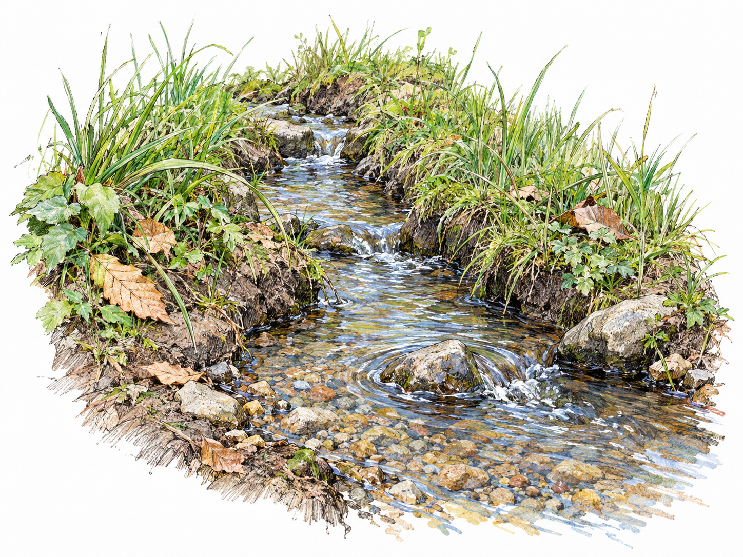 A tiny, shallow natural stream winds between grassy banks, with pebbles visible beneath the clear moving water.