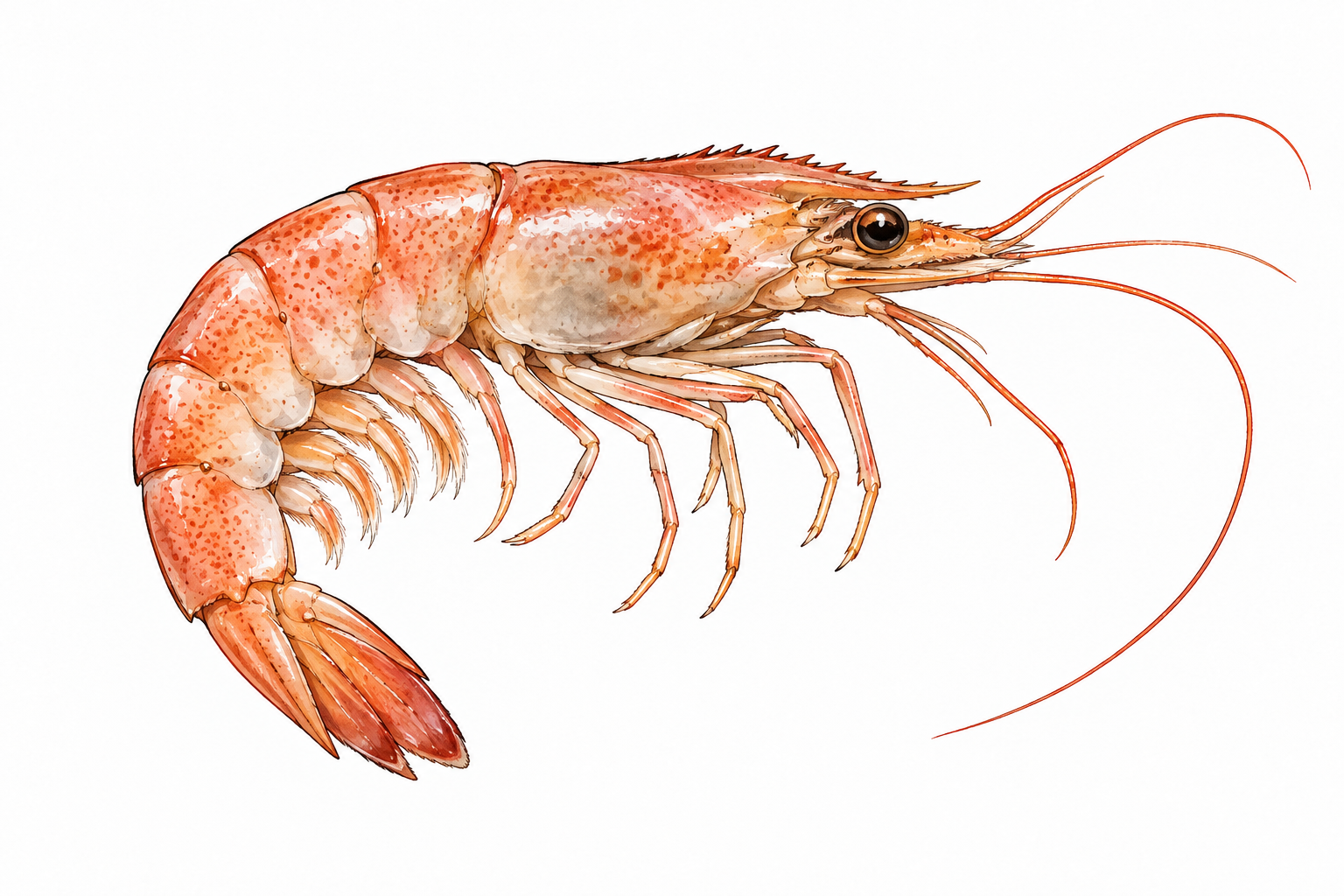 A realistic pink shrimp with curved segmented shell, antennae and legs, no other subject.