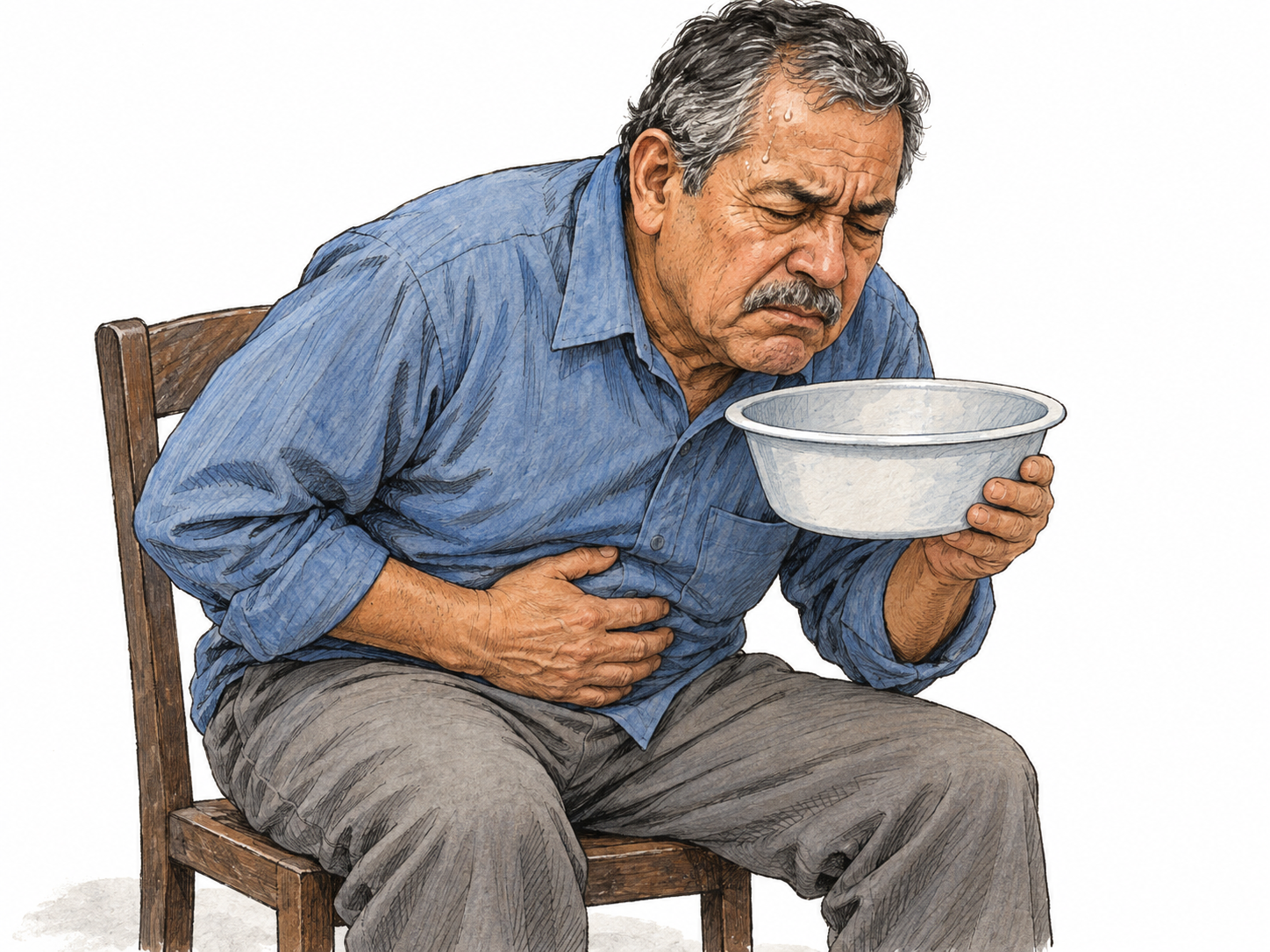 An older man feels nauseated, leaning forward with one hand pressed against his upper stomach and the other holding a small basin beneath his mouth.