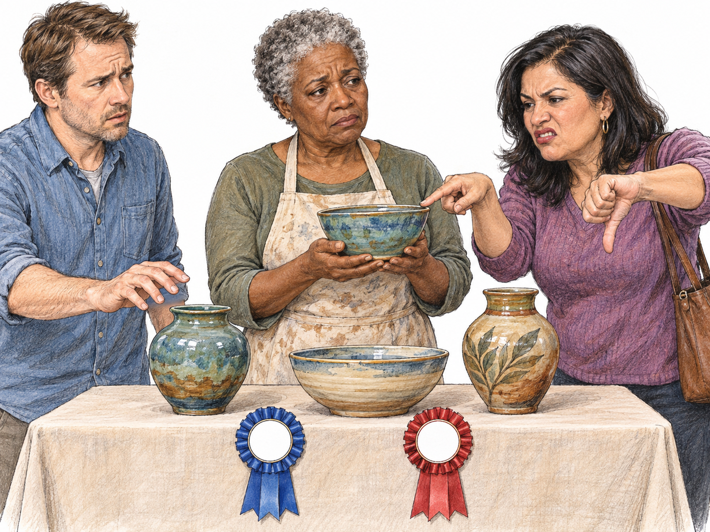 A detractor publicly belittles an accomplished potter and her visibly well-made work, using sweeping contempt despite clear evidence of craftsmanship and recognition.