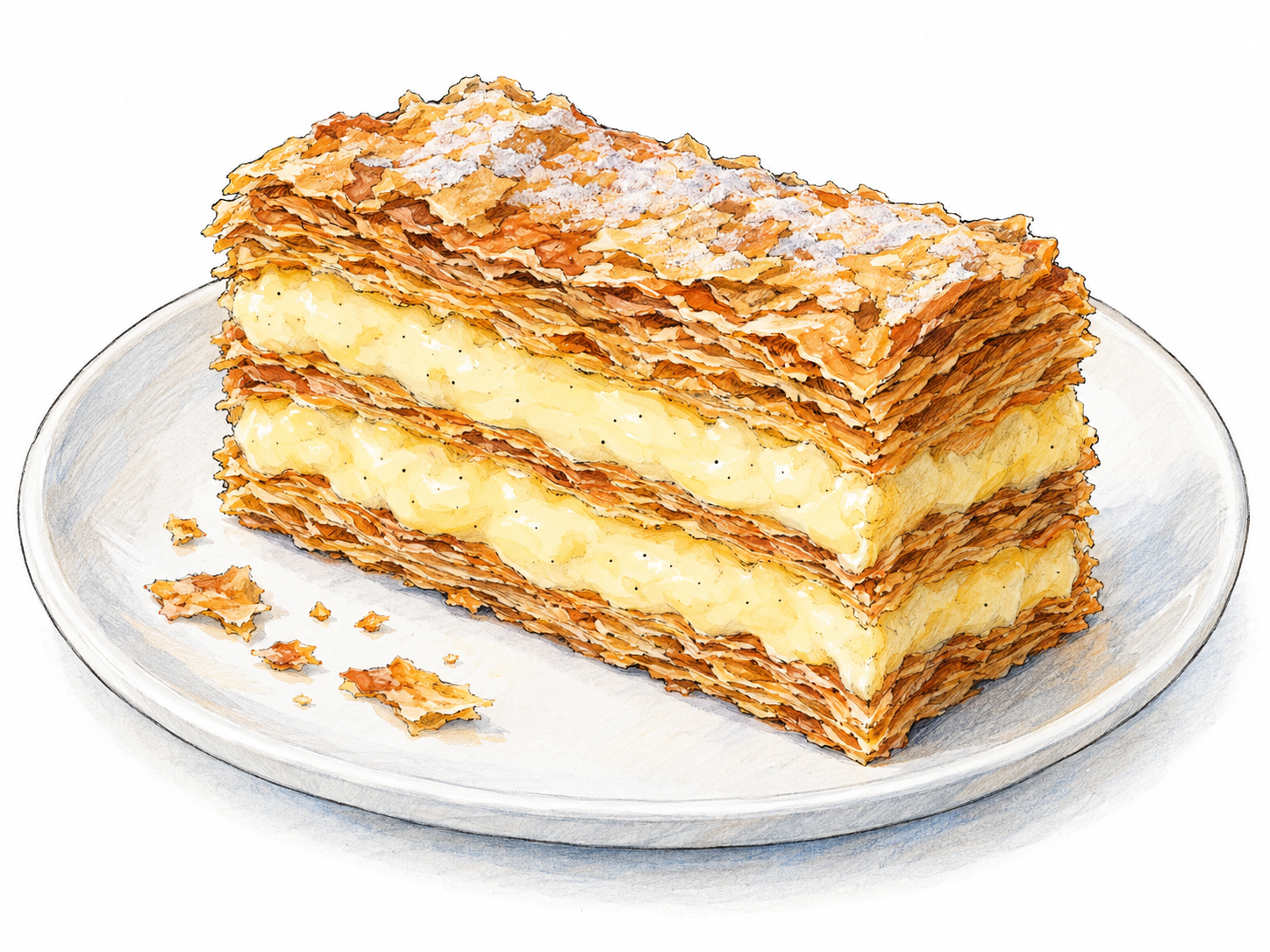 A single rectangular napoleon pastry on a plain white plate, with its cut side clearly revealing crisp puff-pastry layers alternating with thick pale custard.