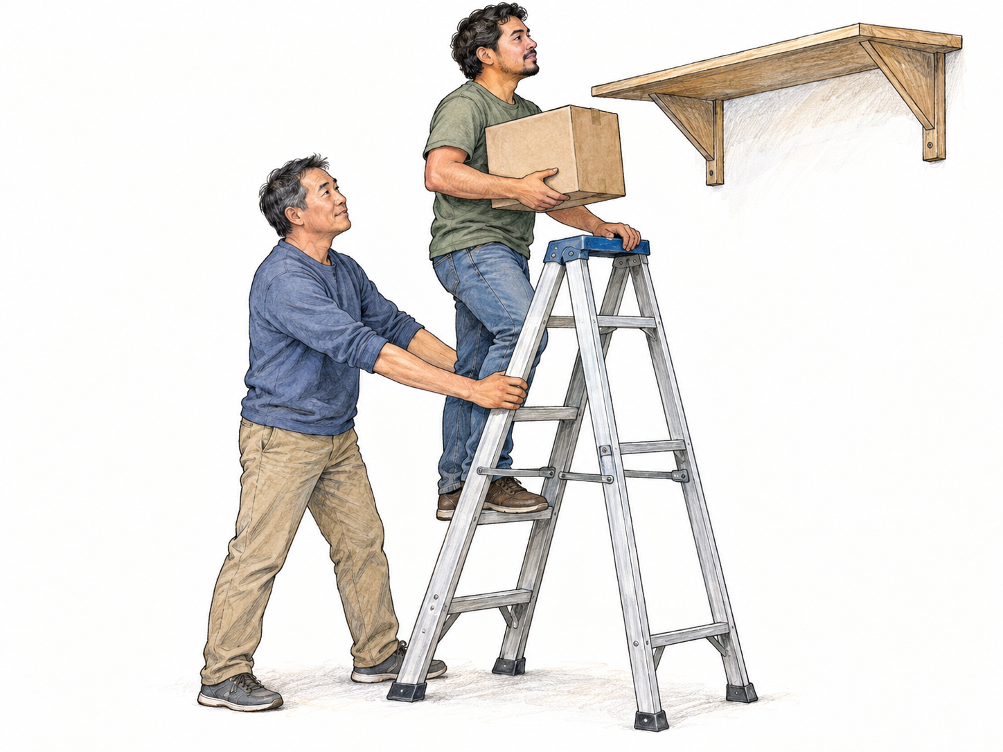 A man steadies a small stepladder while another man climbs it carrying a plain storage box, visibly making the task safer and easier.