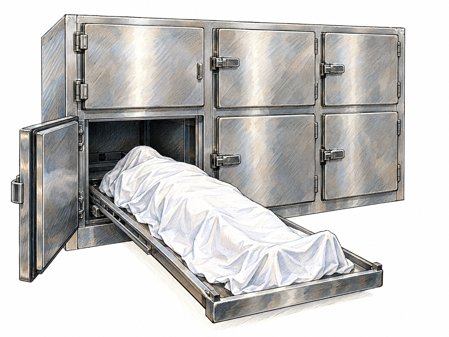 A restrained view of a morgue's refrigerated body-storage drawers, with one drawer extended to reveal a motionless adult body fully covered by a white sheet on its steel tray.