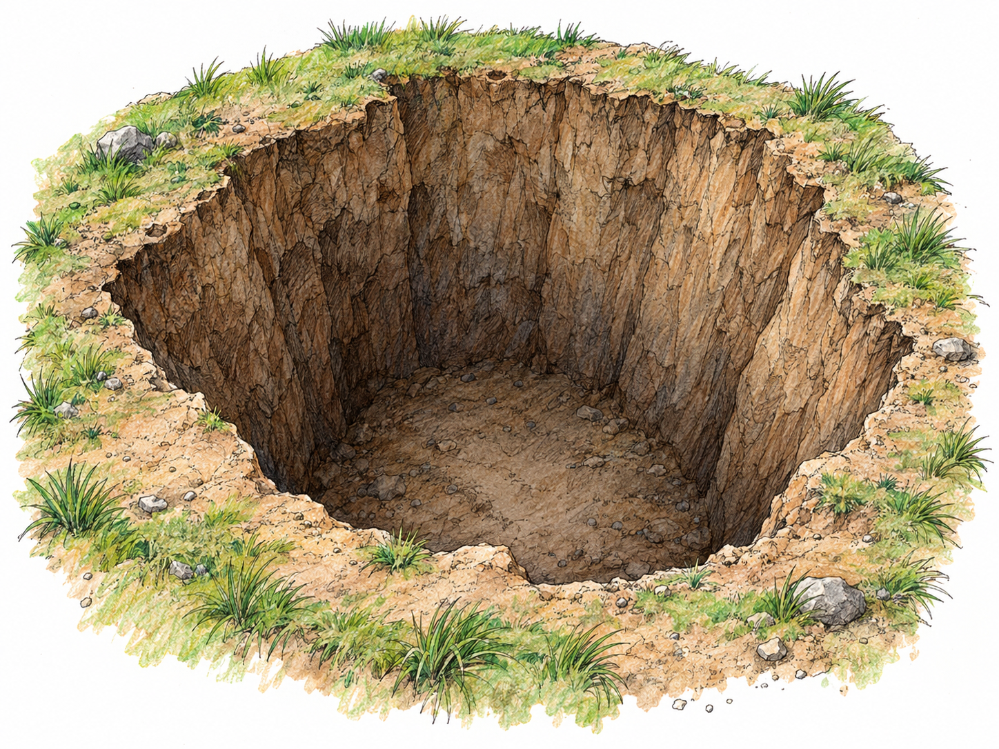 An oblique overhead view of a large, deep, empty hole in the ground, with an irregular earthen rim, steep exposed soil walls and a clearly recessed dirt bottom.