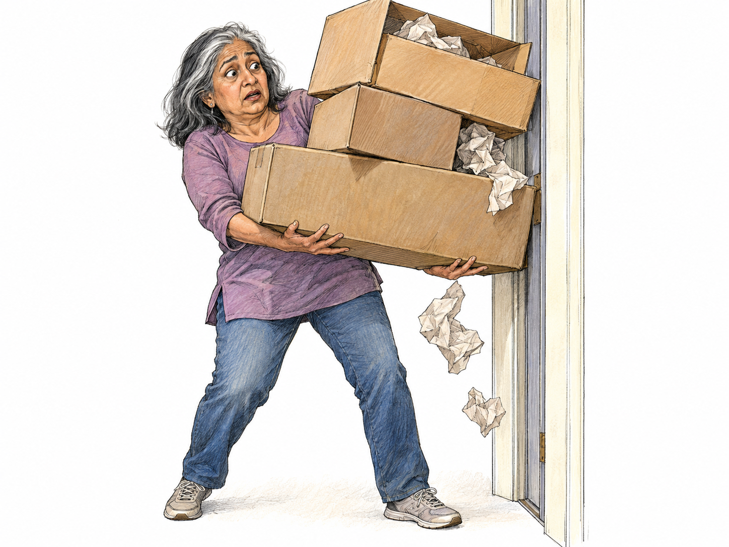 An awkward mover tries to carry an excessively wide stack of empty cardboard boxes through a narrow doorway; a box strikes the jamb, tilting the stack and spilling lightweight packing material as she fumbles to steady it.