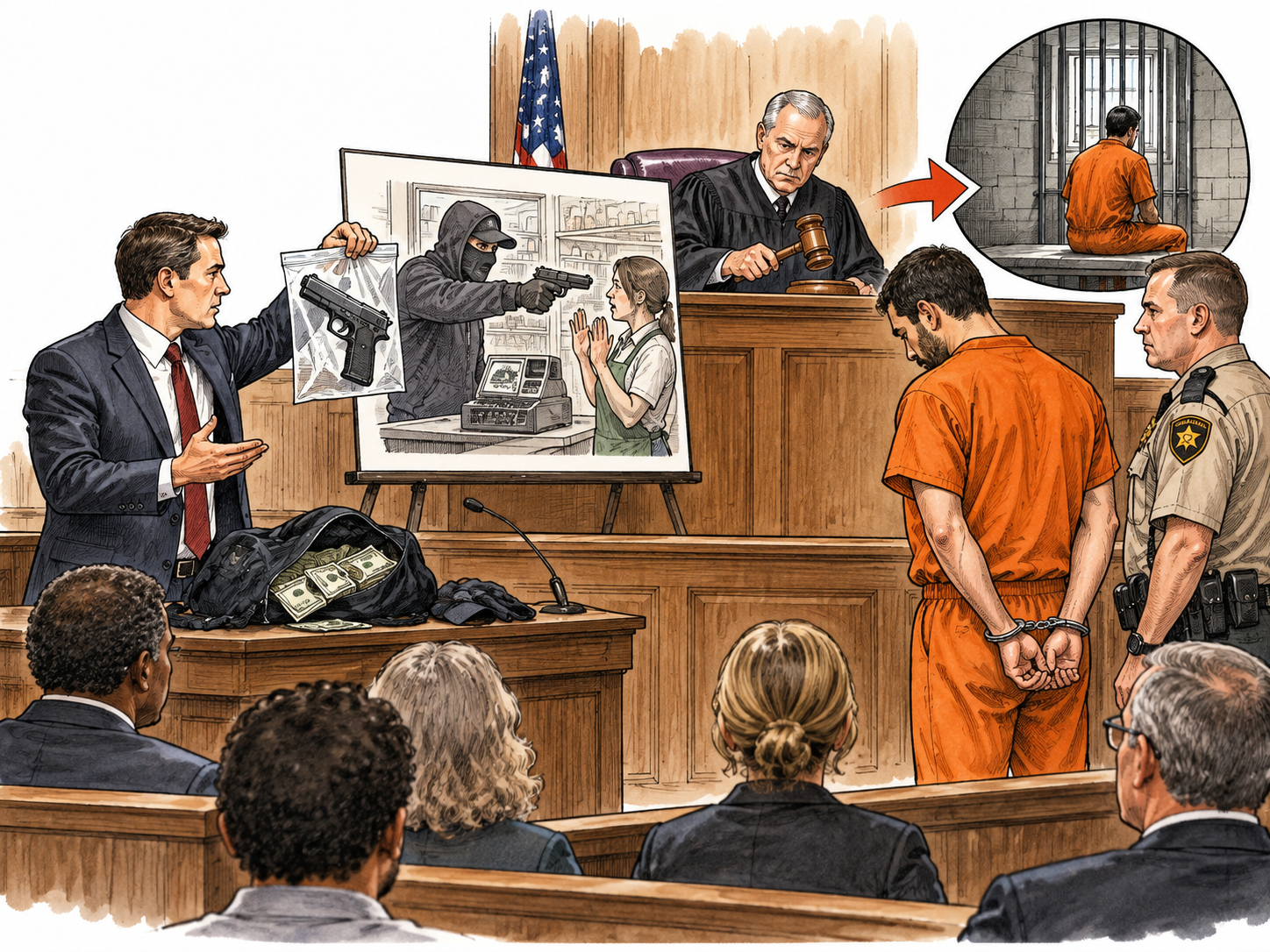 A courtroom with evidence of armed robbery and formal criminal conviction, no graphic violence.