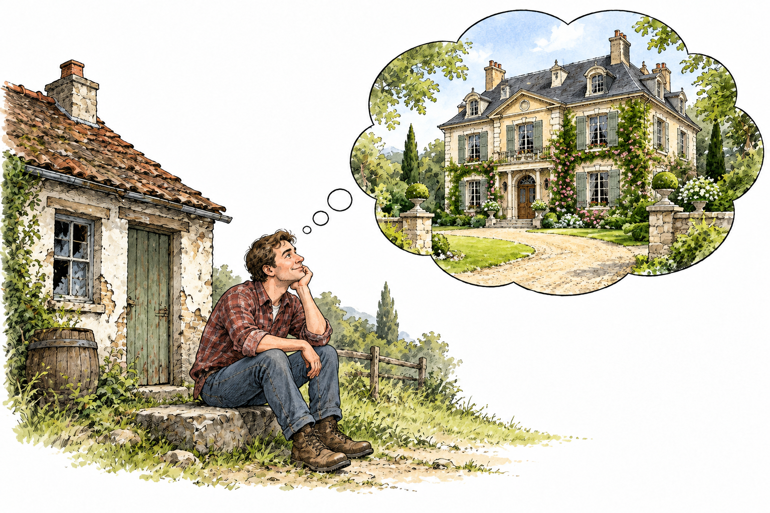 A person imagines a shabby small cottage as a flawless grand home in a thought bubble, actual flaws visible.