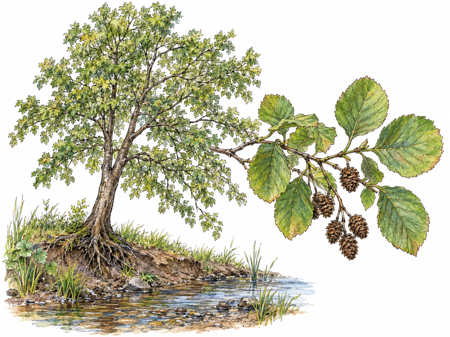 A single alder tree growing beside a shallow stream on damp ground, with a low foreground branch clearly showing rounded toothed leaves and small woody cone-like fruits.