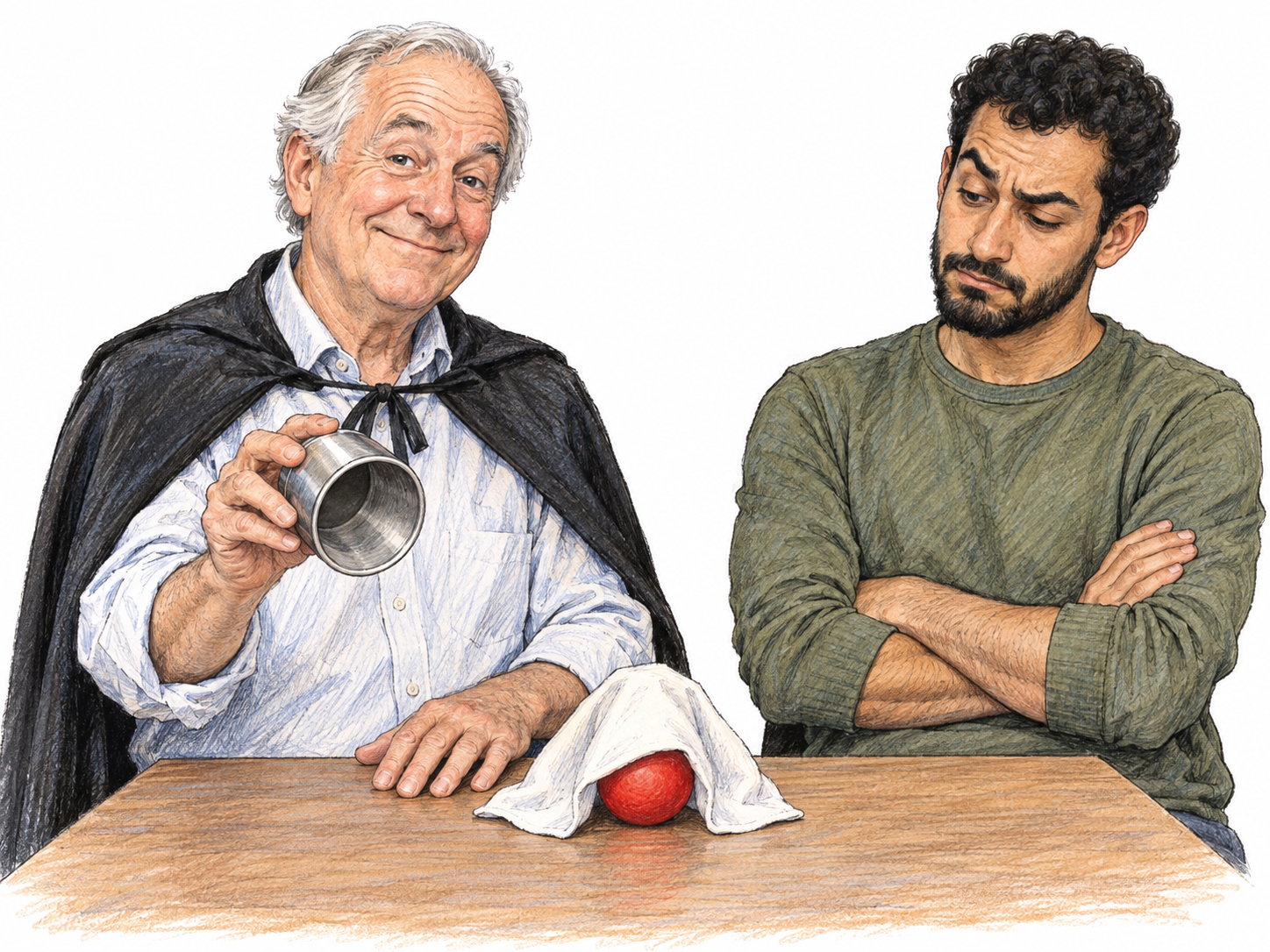 A transparently unconvincing disappearing-ball trick: the magician displays an empty cup with a triumphant expression, while the supposedly vanished red ball visibly bulges beneath a small handkerchief immediately beside it.