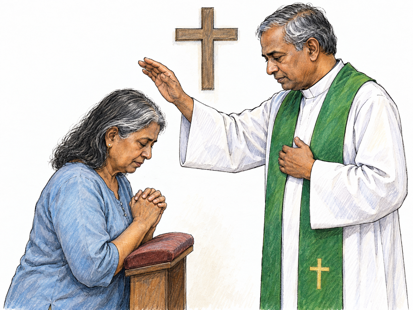 A priest raises his hand in a recognizable Christian blessing over an older woman who bows her head with hands clasped.
