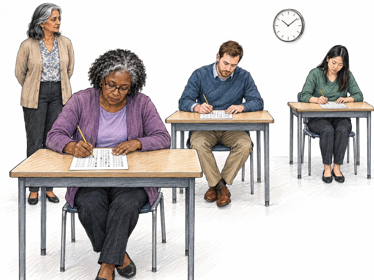 An invigilator stands watch beside widely spaced examination desks while three adult students independently complete identical answer sheets.
