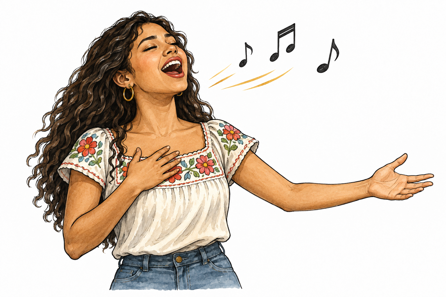 A young Latina woman sings with open mouth and expressive posture, simple musical notes nearby.