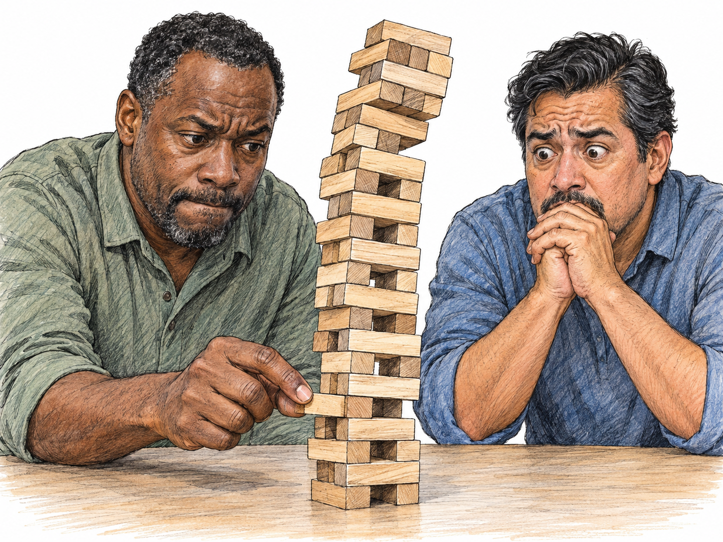 Two men hold their breath over a precariously leaning wooden block tower: one has nearly extracted a lower block, while both anxiously watch the still-unresolved possibility of collapse.