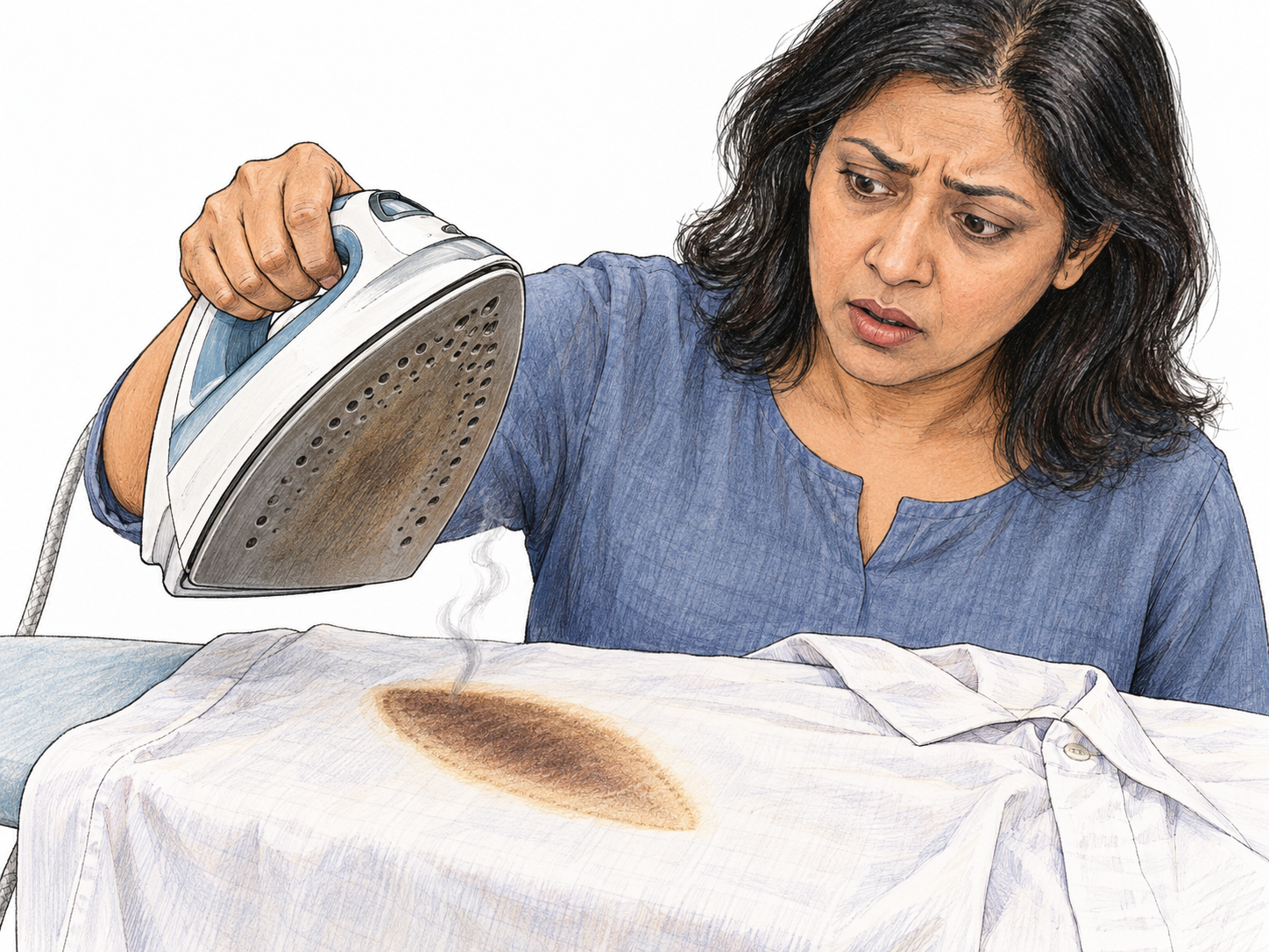 A hot clothes iron lifted just above a pale cotton shirt reveals a conspicuous brown, iron-shaped scorch mark: the fabric surface is heat-discolored but remains intact.