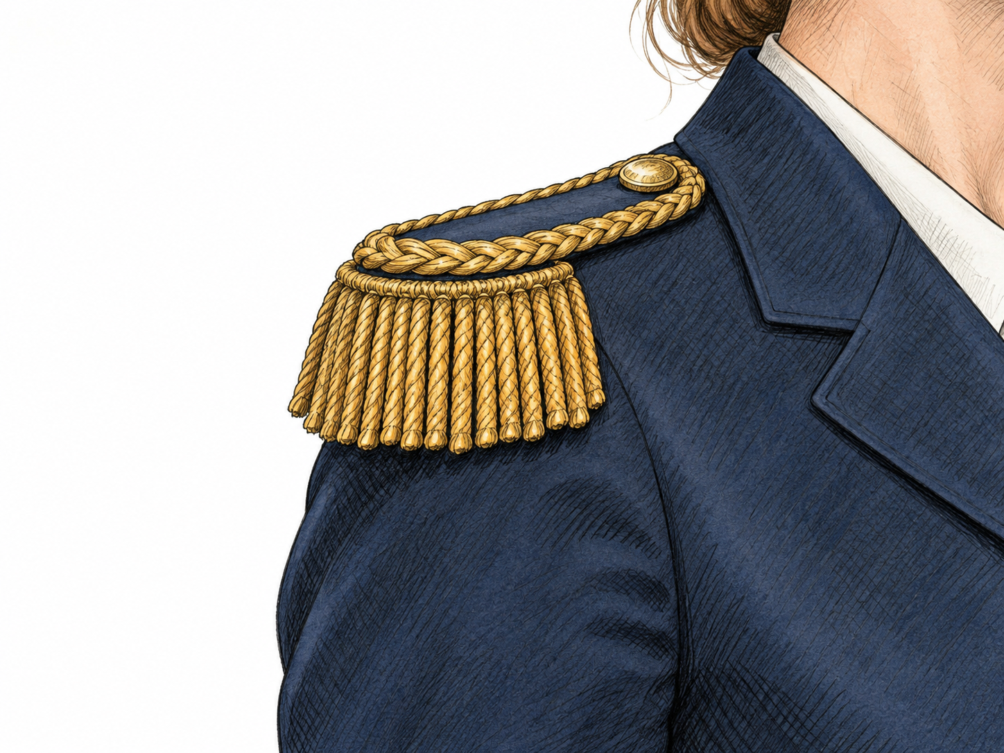 A close uniform shoulder shows one decorative epaulet with braid and short fringe, no national insignia or real military rank claim.