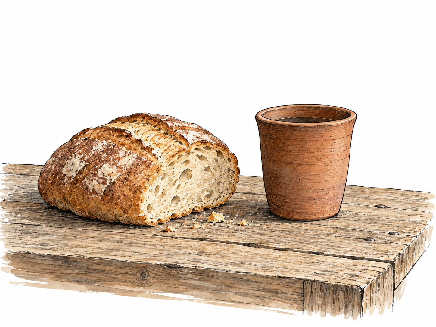 An ordinary unadorned loaf and plain clay cup on a humble everyday table.