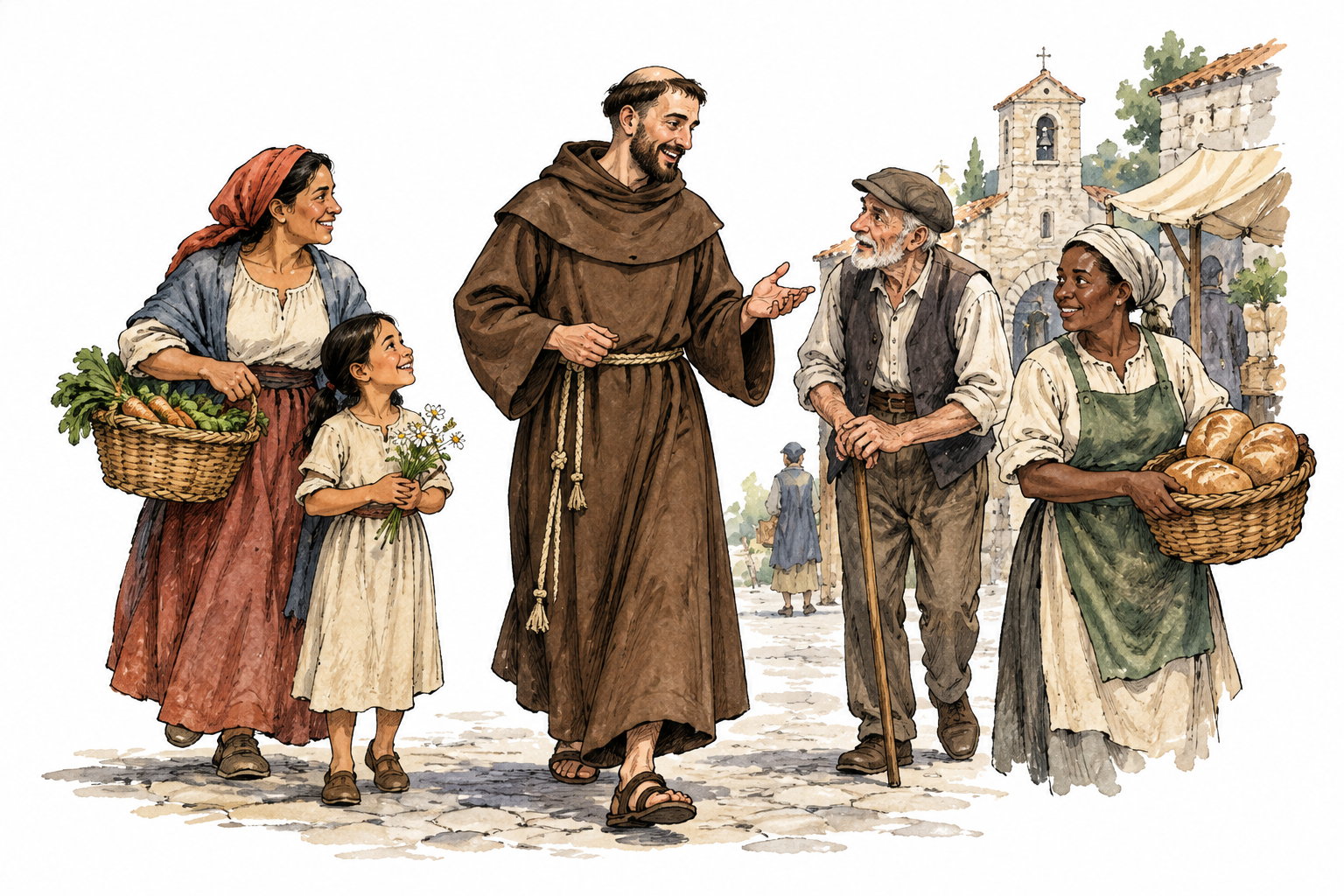 Catholic friar in plain brown robe with rope belt walks among townspeople.