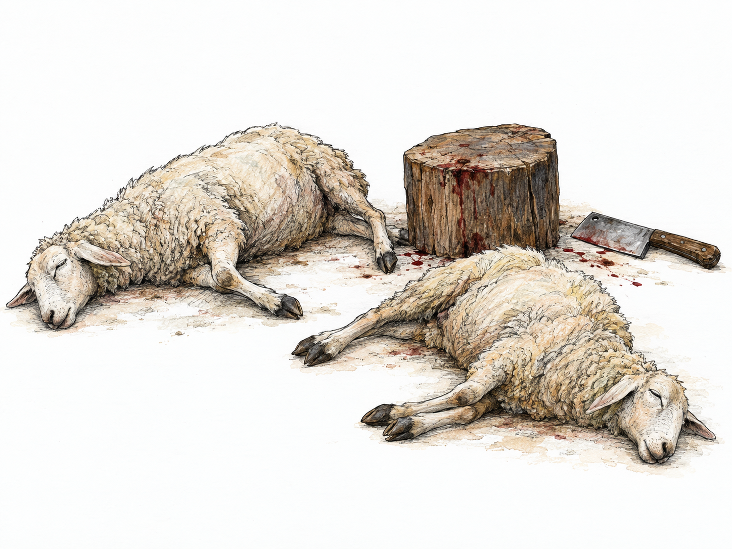 A restrained, non-graphic aftermath of messy animal slaughter: two motionless sheep lie beside a rough chopping block, with a discarded cleaver and small, irregular blood stains conveying brutal killing rather than orderly meat preparation.