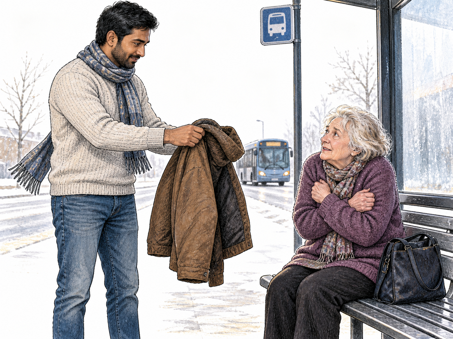 Adult gives up own warm coat to a shivering person at bus stop, donor remains in light sweater in cold breeze; visibly valuable comfort surrendered to help another.