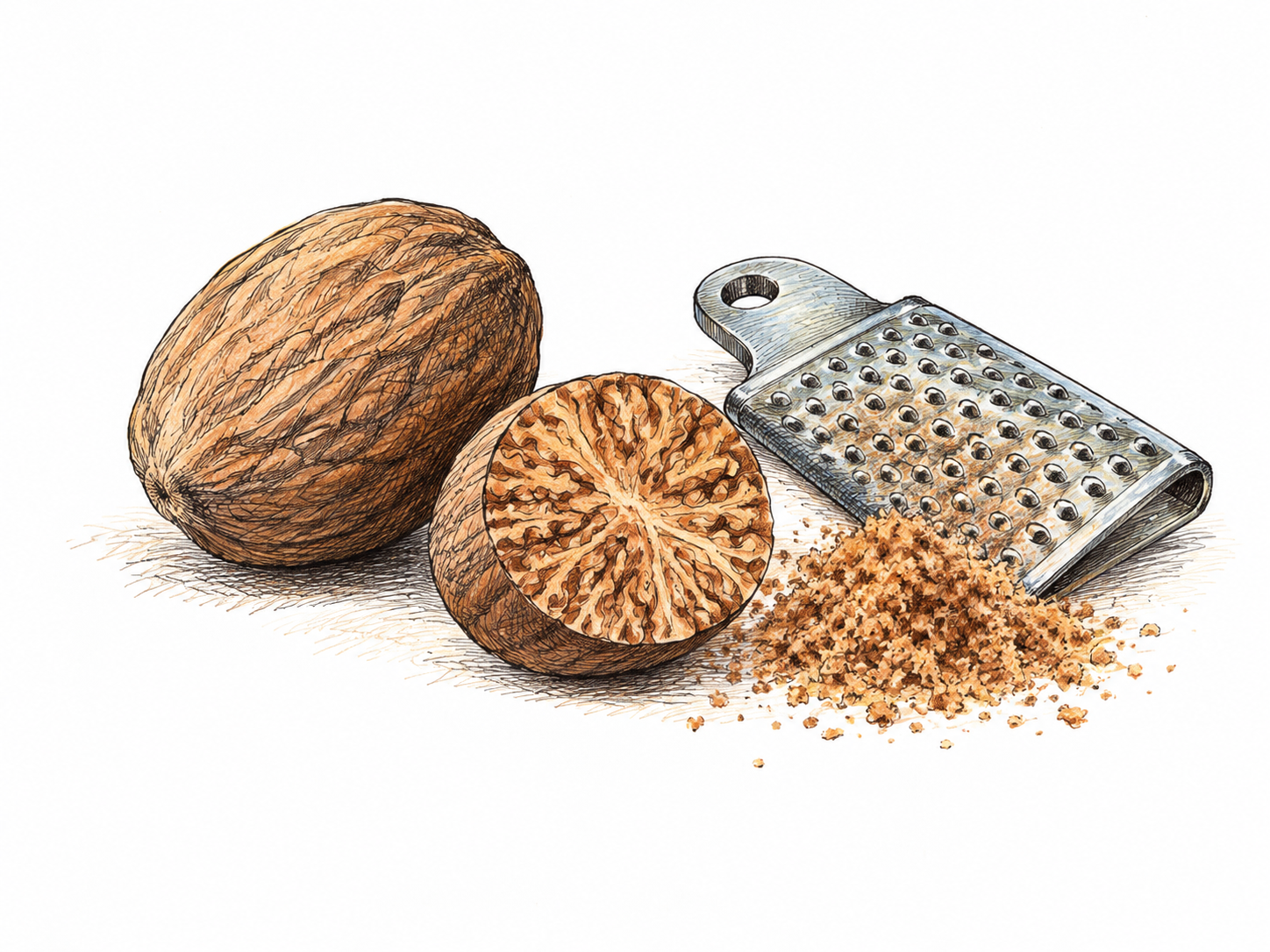 A whole brown nutmeg seed, a halved seed showing characteristic marbled interior, and a small grater with a little ground spice on plain paper.
